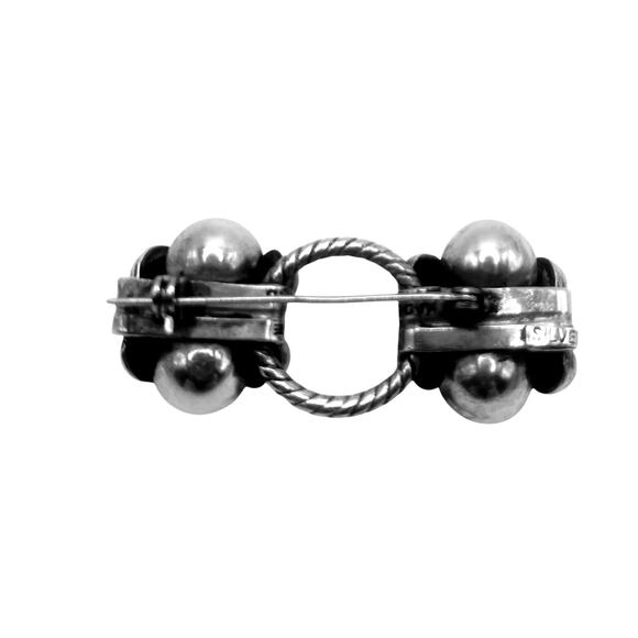 Silver and Turquoise Vintage Pin 2” x .75” with 2 Flower Design & Circle Center - Picture 4 of 5